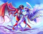  air_(disambiguation) anthro artsyrobo black_hair butt claws cloud day dragon duo eyes_closed feathers female fin flower flying girl/girl hair horn invalid_background invalid_tag kissing membranous_wings navel nipples nude outside piercing plant red_scales scales scarlet_(scarlet-drake) sky waterflower wings 