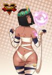  1girl ass back bandage bare_shoulders black_hair butt_crack crystal_ball curvy dark_skin fingerless_gloves from_behind gloves green_eyes halftone halftone_background headpiece hips looking_back medium_hair menat short_hair solo street_fighter thighs tirnanogindustries wide_hips 