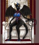  anthro big_breasts black_skin blue_eyes breasts chair digital_media_(artwork) domina dominatrix dragon fan_character female harness horn invalid_color looking_at_viewer mdwines nude queen royalty scale simple_background solo throne whip wings 