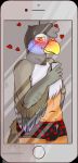  2018 anthro avian blush clothed clothing digital_media_(artwork) fur grumpy_griffin_creations_(artist) hi_res looking_at_viewer male penis phone precum selfie simple_background smile solo standing wings 