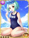  ahoge barefoot beach bow brown_eyes cloud covered_navel day eating food green_hair hair_bow kantaka koihime_musou non-web_source ocean official_art one-piece_swimsuit open_mouth outdoors popsicle ribbon school_swimsuit short_hair sitting sky solo swimsuit ten'i 