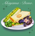  :d akiyama_yukari alternate_costume bangs bc_freedom_(emblem) bc_freedom_school_uniform black_skirt blue_neckwear blue_sweater broccoli brown_eyes brown_hair cardigan chaki_(teasets) character_name chibi cursive diagonal_stripes dress_shirt emblem food food_on_face girls_und_panzer green_background holding in_food lettuce long_sleeves looking_at_viewer lying messy_hair minigirl miniskirt necktie on_side open_mouth plate pleated_skirt red_neckwear sandwich school_uniform shirt short_hair skirt smile solo sparkle striped striped_neckwear sweater white_shirt wing_collar 