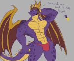  anthro clothing daikuhiroshiama dialogue hair horn male muscular solo speedo spikes spyro spyro_the_dragon swimsuit video_games wings 