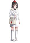  alternate_costume bag black_eyes black_hair bow bowtie hat highres kneehighs long_sleeves looking_at_viewer military military_uniform nurse red_cross red_hat shameimaru_aya shoes shoulder_bag smile soviet_sergeant touhou uniform white_footwear white_legwear 