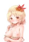  aki_shizuha arinu autumn_leaves blonde_hair blush bra bra_pull breasts commentary_request flower hair_flower hair_ornament highres lace lace-trimmed_bra leaf_hair_ornament looking_at_viewer medium_breasts nipples orange_eyes pink_bra simple_background solo touhou underwear upper_body white_background 