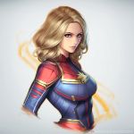  blonde_hair blue_eyes bodysuit breasts captain_marvel emblem grey_background lips long_hair looking_at_viewer marvel medium_breasts ms._marvel nudtawut_thongmai parted_lips signature smile solo upper_body 