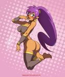  1girl ass bare_arms bare_shoulders barefoot black_legwear blue_eyes blush breasts curvy dark_skin earrings embarrassed feet full_body halftone halftone_background hips jewelry jumping legs long_hair looking_at_viewer medium_breasts open_mouth pink_background pointy_ears purple_hair shantae_(character) shantae_(series) solo strapless teeth thighs thong tirnanogindustries tongue tubetop wide_hips 