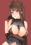  antenna_hair bangs bare_shoulders between_breasts bikini_top black_bikini_top black_neckwear blunt_bangs blush breasts brown_gloves brown_hair canape_(canape0130) commentary detached_sleeves dsr-50_(girls_frontline) eyebrows_visible_through_hair girls_frontline gloves grey_jacket head_tilt jacket large_breasts long_hair long_sleeves navel necktie necktie_between_breasts parted_lips red_background red_eyes simple_background single_detached_sleeve sleeveless_jacket solo sweat very_long_hair 