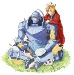  alphonse_elric animal animal_on_head antenna_hair apron armor black_shirt blonde_hair blush brothers cat cat_on_head coat edward_elric expressionless flamel_symbol full_armor full_body fullmetal_alchemist gloves grass helmet male_focus multiple_boys on_head red_coat resting shirt siblings simple_background sitting standing sweatdrop tabixneko too_many too_many_cats white_background yellow_eyes 