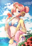  :o akariko bandaged_arm bandages bangs bikini blue_bikini blue_eyes blue_sky blurry blurry_foreground breasts choker cleavage cloud cloudy_sky collarbone commentary contrapposto cowboy_shot day depth_of_field detached_sleeves double_bun eyebrows_visible_through_hair fate/grand_order fate_(series) flower frankenstein's_monster_(fate) frankenstein's_monster_(swimsuit_saber)_(fate) glint hair_ornament hair_over_one_eye hairclip head_tilt headgear hibiscus highres holding holding_flower horn jacket lead light_rays looking_at_viewer navel ocean open_clothes open_jacket outdoors palm_tree pink_hair red_flower ribbon_choker shiny shiny_hair short_hair single_detached_sleeve sky sleeves_past_wrists small_breasts solo standing stomach sunlight swimsuit tree white_choker yellow_jacket 