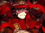  bad_id bad_pixiv_id brown_hair cape commentary_request fate/grand_order fate_(series) floating_hair hat hiiragi_fuyuki long_hair long_sleeves looking_at_viewer oda_nobunaga_(fate) parted_lips peaked_cap red_cape red_eyes red_hat smile solo upper_body 