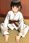  bangs barefoot black_eyes blush brown_hair closed_mouth commentary_request dougi eyebrows_visible_through_hair feet fingernails hands_on_legs highres indoors karate_gi matsunaga_kouyou nose_blush on_floor original short_twintails sidelocks sitting smile soles solo sweat tatami twintails 