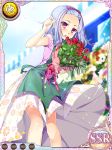  apron arm_up blue_hair bouquet bow floral_print flower green_apron hair_bow katagiri_hinata koihime_musou non-web_source official_art open_mouth pink_shirt print_skirt purple_eyes ribbon rose shirt short_hair skirt solo toutaku white_skirt wind wind_lift 