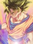  artist_name aura black_eyes black_hair blue_background blurry dougi dragon_ball dragon_ball_z expressionless floating_hair from_above frown glowing gradient gradient_background highres looking_away male_focus multicolored multicolored_background orange_background pink_background profile purple_background serious shaded_face short_hair simple_background son_gokuu sparkle standing tarutobi twitter_username upper_body wristband 