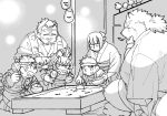  2018 absurd_res angry anthro canine clothing eyes_closed female ginn_tnrnrngnsr greyscale group gyobu hi_res human kneeling leaf male mammal monochrome overweight overweight_male robe scar sitting size_difference tanuki tokyo_afterschool_summoners 