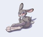  2018 anthro anus blush buckteeth butt butt_grab disney female foot_focus fur grey_fur hand_on_butt judy_hopps lagomorph licking licking_lips looking_at_viewer lying mammal on_side paws presenting presenting_anus presenting_pussy purple_eyes pussy pussy_juice rabbit seductive simple_background slowderpyguy teeth tongue tongue_out white_background zootopia 