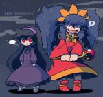  2girls ashley_(warioware) ashley_(warioware)_(cosplay) black_hair character_name commentary cosplay costume_switch dress hairband hex_maniac_(pokemon) hex_maniac_(pokemon)_(cosplay) multiple_girls pantyhose pokemon pokemon_(game) pokemon_xy purple_eyes purple_hair rariatto_(ganguri) red_eyes smile staff thought_bubble twintails warioware 