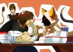  angry animal_humanoid anthro blazblue brown_hair cat cat_humanoid digital_media_(artwork) eating eye_contact feline female food group hair human humanoid kaka lion male mammal noodles red_eyes sssonic2 taokaka video_games 