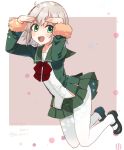  black_footwear full_body fur-trimmed_sleeves fur_trim green_eyes green_jacket green_skirt highres jacket kantai_collection koruri long_sleeves looking_at_viewer mary_janes neck_ribbon open_mouth pantyhose pleated_skirt red_ribbon ribbon school_uniform serafuku shading_eyes shimushu_(kantai_collection) shimushu_pose shoes short_hair silver_hair skirt solo white_legwear 