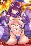  absurdres animal_ears ass breasts cameltoe claw_pose claws cleavage commentary_request cosplay dangerous_beast elbow_gloves embarrassed fate/grand_order fate_(series) fur-trimmed_gloves fur-trimmed_legwear fur_collar fur_trim gloves halloween halloween_costume highres lace lace-trimmed_thighhighs large_breasts long_hair mash_kyrielight mash_kyrielight_(cosplay) navel nez-kun o-ring o-ring_top partially_visible_vulva purple_gloves purple_hair purple_legwear red_eyes revealing_clothes scathach_(fate)_(all) scathach_(fate/grand_order) signature sparkle spread_legs tail thighhighs thighs wavy_mouth wolf_ears wolf_tail 