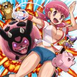  akane_(pokemon) bidoof breasts clefairy delcatty explosion eyebrows_visible_through_hair gen_1_pokemon gen_2_pokemon gen_3_pokemon gen_4_pokemon gym_leader hair_ornament hairclip large_breasts milk miltank navel open_mouth pink_eyes pink_hair pokemoa pokemon pokemon_(creature) pokemon_(game) pokemon_hgss popped_button shorts twintails 