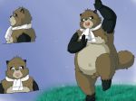  2011 anthro balls belly brown_fur canine eyes_closed fur ghibli humanoid_hands kusunokisippo male mammal moobs navel night overweight overweight_male penis pom_poko scarf solo tanuki 
