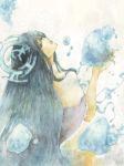  1girl black_hair cape dreaming417 head_tilt houshin_engi long_hair looking_up millipen_(medium) ryuukitsu_koushu simple_background solo traditional_media water watercolor_(medium) white_background 