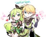  1girl anemos_(elsword) chibi chuki_(lydia) elf elsword eyebrows_visible_through_hair green_eyes green_hair heart heart_background highres pointy_ears rena_(elsword) side_ponytail smile ventus_(elsword) 