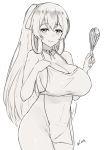  apron blush breasts choker cleavage commentary girls_frontline greyscale huge_breasts impossible_clothes kuavera long_ponytail m1903_springfield_(girls_frontline) monochrome naked_apron oekaki ponytail signature smile whisk 