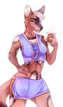  2018 5_fingers anthro black_nose blonde_hair breasts brown_eyes brown_fur canine clothed clothing digital_media_(artwork) dog female fur hair holding_object kristiana_puff mammal midriff navel simple_background solo standing white_background 