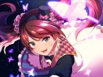  :d black_bow black_hairband black_hat black_neckwear blue_eyes bow bowtie brown_hair bug butterfly eyebrows_visible_through_hair hair_ornament hair_scrunchie hairband hat hat_bow idolmaster idolmaster_side-m insect mini_hat mini_top_hat mizushima_saki open_mouth otoko_no_ko pink_bow pink_scrunchie sayshownen scrunchie smile solo teeth top_hat twintails 