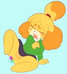  2018 anal anal_penetration animal_crossing anthro canine cyan_background dog female hi_res isabelle_(animal_crossing) mammal midnight-kinky-kitsune nintendo penetration pussy short_stack solo super_smash_bros tongue video_games 