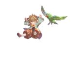  bird brown_hair closed_eyes full_body granblue_fantasy green_shirt harvin highres jumping non-web_source official_art pants parrot pointy_ears puffy_pants ribbon shirt short_hair sierokarte transparent_background 