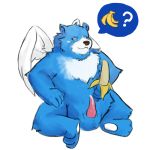  2018 anthro balls banana bear blue_fur cum food fruit fur grizzlesbear male mammal moosh nintendo oracle_of_ages oracle_of_seasons overweight overweight_male penis simple_background sitting solo the_legend_of_zelda video_games white_background 