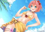  :d artist_name bare_shoulders bikini blue_eyes blue_sky bow breasts breasts_apart cloud commentary day doki_doki_literature_club dutch_angle english_commentary eyebrows_visible_through_hair flower food hair_between_eyes hair_bow hand_on_hip looking_at_viewer medium_breasts navel one_side_up open_mouth outdoors palm_tree pink_hair popsicle red_bow sarong sayori_(doki_doki_literature_club) short_hair sky smile solo swimsuit tree water_drop xhunzei yellow_bikini 