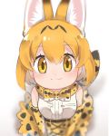  :3 animal_ears bare_shoulders belt blonde_hair blush bow bowtie center_frills commentary_request elbow_gloves eyebrows_visible_through_hair from_above gloves high-waist_skirt kemono_friends serval_(kemono_friends) serval_ears serval_print serval_tail short_hair skirt sleeveless solo tail tatsuno_newo yellow_eyes 