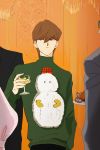  blue_eyes brown_hair commentary_request cup drinking_glass highres kaiba_seto male_focus short_hair snowcupcake sweater turtleneck turtleneck_sweater ugly_sweater wine_glass yuu-gi-ou 