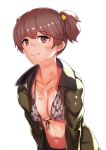  alisa_(girls_und_panzer) bangs bikini breasts brown_eyes brown_hair brown_jacket camouflage camouflage_bikini collarbone dirty freckles front-tie_bikini front-tie_top girls_und_panzer hair_ornament jack_hamster jacket leaning_forward navel open_clothes open_jacket saunders_military_uniform school_uniform short_hair short_twintails simple_background small_breasts smile solo star star_hair_ornament sweat swimsuit twintails very_short_hair white_background 