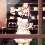  ;o alternate_costume apron cafe cup darling_in_the_franxx dress enchuu enmaided frills green_eyes highres horns indoors maid one_eye_closed open_mouth overalls pink_hair pouring puffy_short_sleeves puffy_sleeves short_sleeves solo tea teacup teapot waitress zero_two_(darling_in_the_franxx) 