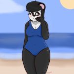  2018 anthro beach bear big_breasts blush breasts clothed clothing dark_fur digital_media_(artwork) female frankuwu fur hair happy hi_res looking_at_viewer lucy mammal outside panda seaside smile solo sweat swimsuit thick_thighs water 
