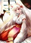  absurdres albino animal_ears ao_(ao_10bx) blush breasts flower flower_knight_girl fox_ears fox_tail full_body hair_flower hair_ornament hakama higanbana_(flower_knight_girl) highres japanese_clothes kimono large_breasts long_hair looking_at_viewer multiple_tails obi object_namesake red_eyes red_hakama sash sitting smile solo spider_lily tail white_hair white_kimono window yokozuwari 