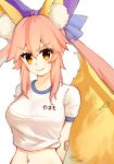  animal_ear_fluff animal_ears blue_ribbon breasts closed_mouth eyebrows_visible_through_hair fate/grand_order fate_(series) fox_ears fox_tail gym_shirt gym_uniform hair_ribbon highres kuroe_(crocrocroe) large_breasts looking_at_viewer name_tag navel pink_hair ribbon shirt simple_background solo tail tamamo_(fate)_(all) tamamo_no_mae_(fate) white_background white_shirt yellow_eyes 