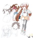  1girl bag black_legwear breasts brown_hair canari commentary_request double_bun hat kyouhei_(pokemon) long_hair looking_at_viewer mei_(pokemon) open_mouth pantyhose pokemon pokemon_(game) pokemon_bw2 raglan_sleeves short_hair shorts smile twintails visor_cap 