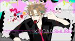  abstract bangs blood blood_on_face bloody_clothes brown_eyes brown_hair finger_gun finger_gun_to_head hair_between_eyes hair_ornament hairclip halo high_contrast kagari_shuusei looking_at_viewer male_focus mzet nail_polish necktie open_mouth pointing psycho-pass red_nails short_hair solo tongue tongue_out 