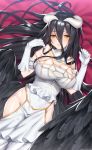  albedo bangs black_hair black_wings blurry blurry_background blush breasts brown_eyes cleavage commentary dated depth_of_field dress feathered_wings gloves hair_between_eyes hair_spread_out hattori_masaki highres horns large_breasts long_hair looking_at_viewer low_wings lying on_back overlord_(maruyama) parted_lips side_cutout signature slit_pupils smile solo white_dress white_gloves wings yellow_eyes 