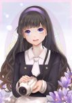  :d antweiyi bangs blue_eyes blunt_bangs brown_hair camcorder camera cardcaptor_sakura daidouji_tomoyo flower hairband highres holding holding_camera long_hair looking_at_viewer open_mouth purple_flower purple_hairband school_uniform smile solo tomoeda_middle_school_uniform upper_body very_long_hair white_neckwear 