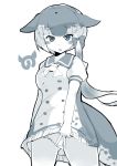  :d absurdres ascot blush bow dress eyebrows_visible_through_hair frilled_dress frills greyscale hair_bow hair_ribbon highres japari_symbol kanzakietc kemono_friends looking_at_viewer monochrome multicolored_hair narwhal_(kemono_friends) narwhal_tail open_mouth panties puffy_short_sleeves puffy_sleeves ribbon sailor_dress short_dress short_hair_with_long_locks short_sleeves simple_background smile solo tress_ribbon underwear v white_background 