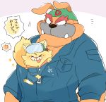  anthro bulldog canine cat clothed clothing coveralls dog dribble duo feline fully_clothed hyaku1063 japanese_text male mammal nintendo size_difference spitz_(warioware) text video_games warioware 