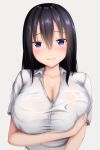  arm_across_chest bad_id bad_pixiv_id bangs black_hair blue_eyes blush breast_hold breasts cleavage closed_mouth collared_shirt commentary_request dress_shirt eyebrows_visible_through_hair grey_background hair_between_eyes head_tilt huge_breasts long_hair looking_at_viewer original see-through shirt short_sleeves simple_background solo tapisuke wet wet_clothes wet_shirt white_shirt 