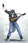  2016 2:3 5_fingers abstract_background anthro black_gloves black_hair black_nose boots canine chain clothed clothing cosplay digital_drawing_(artwork) digital_media_(artwork) dipstick_tail ear_piercing eyes_closed eyewear footwear fully_clothed fur george_michael grey_fur guitar hair hi_res holding_musical_instrument jacket jeans leather leather_jacket male mammal multicolored_tail musical_instrument myke_greywolf_(character) mykegreywolf pants piercing pose raised_arm solo standing sunglasses torn_clothing url wolf 